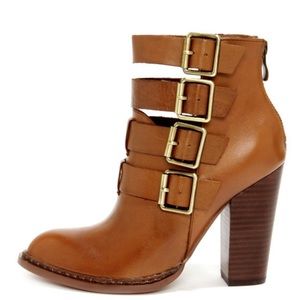 Gadget Cognac Leather Buckled High Heel Booties